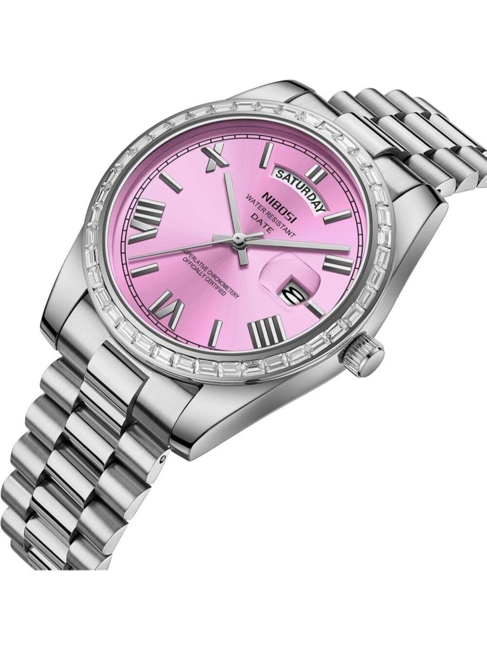 Nibosi Men's Silver Pink Analog Quartz Diamond Bezel Stainless Waterproof Watch - Picture 2 of 6